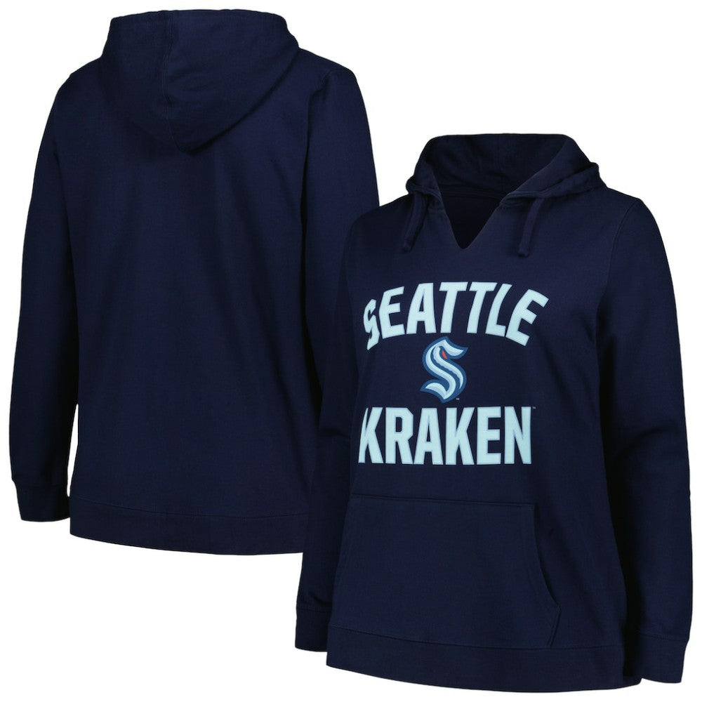 Seattle Kraken Profile Women's Plus Size Arch Over Logo Pullover Hoodie Deep Sea Blue