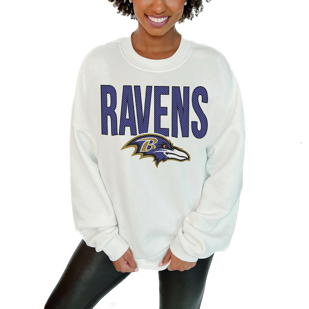 Baltimore Ravens Gameday Couture Women's Just Go With It Oversized Long Sleeve Crewneck Sweatshirt – White cheap