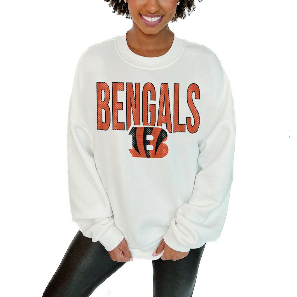 Cincinnati Bengals Gameday Couture Women's Just Go With It Oversized Long Sleeve Crewneck Sweatshirt – White on sale