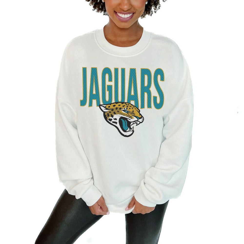Jacksonville Jaguars Gameday Couture Women's Just Go With It Oversized Long Sleeve Crewneck Sweatshirt – White on sale
