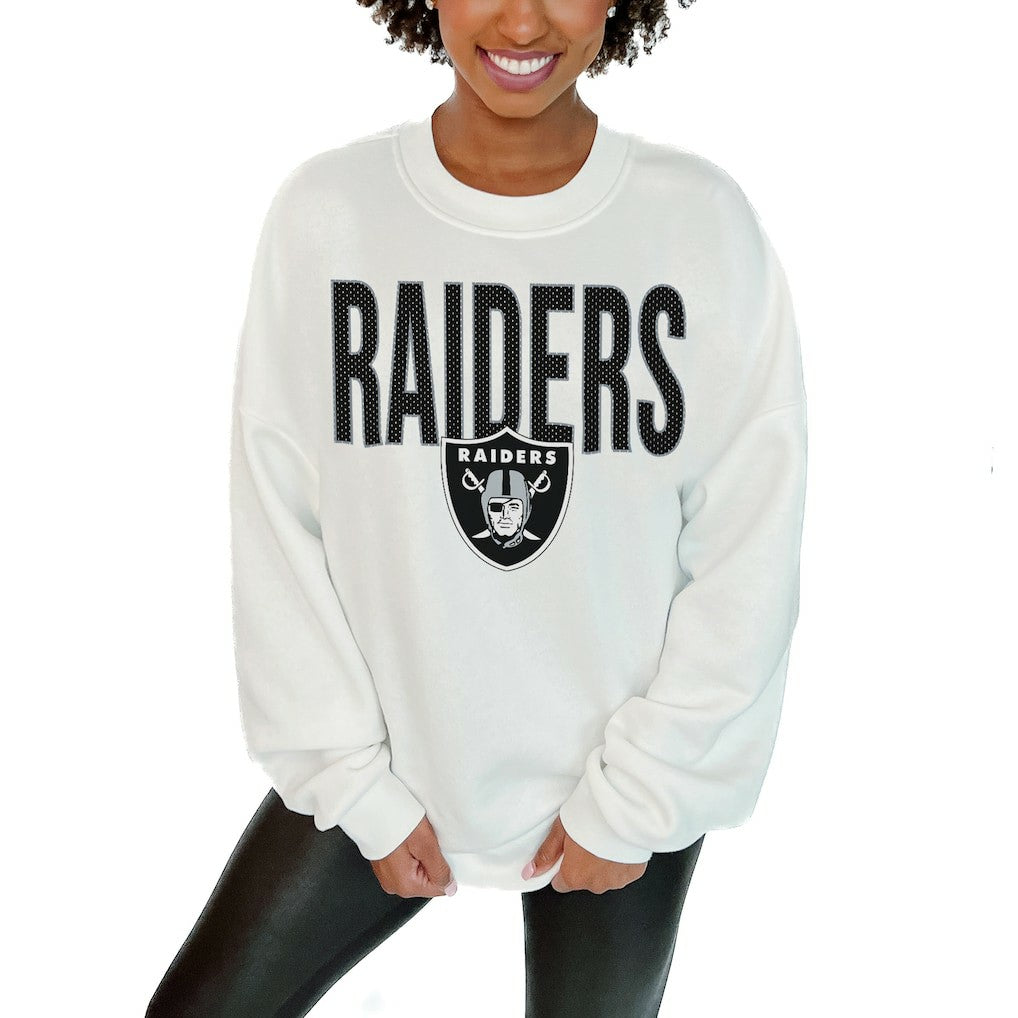 Las Vegas Raiders Gameday Couture Women's Just Go With It Oversized Long Sleeve Crewneck Sweatshirt – White sale