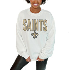 New Orleans Saints Gameday Couture Women's Just Go With It Oversized Long Sleeve Crewneck Sweatshirt – White on sale