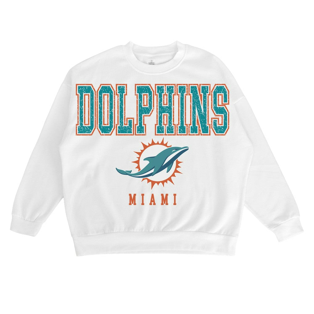Miami Dolphins Gameday Couture Women's Sunday Drives Oversized Crewneck Pullover Sweatshirt – White for sale
