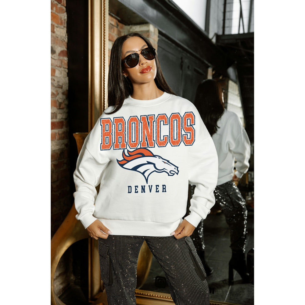Denver Broncos Gameday Couture Women's Sunday Drives Oversized Crewneck Pullover Sweatshirt – White discount
