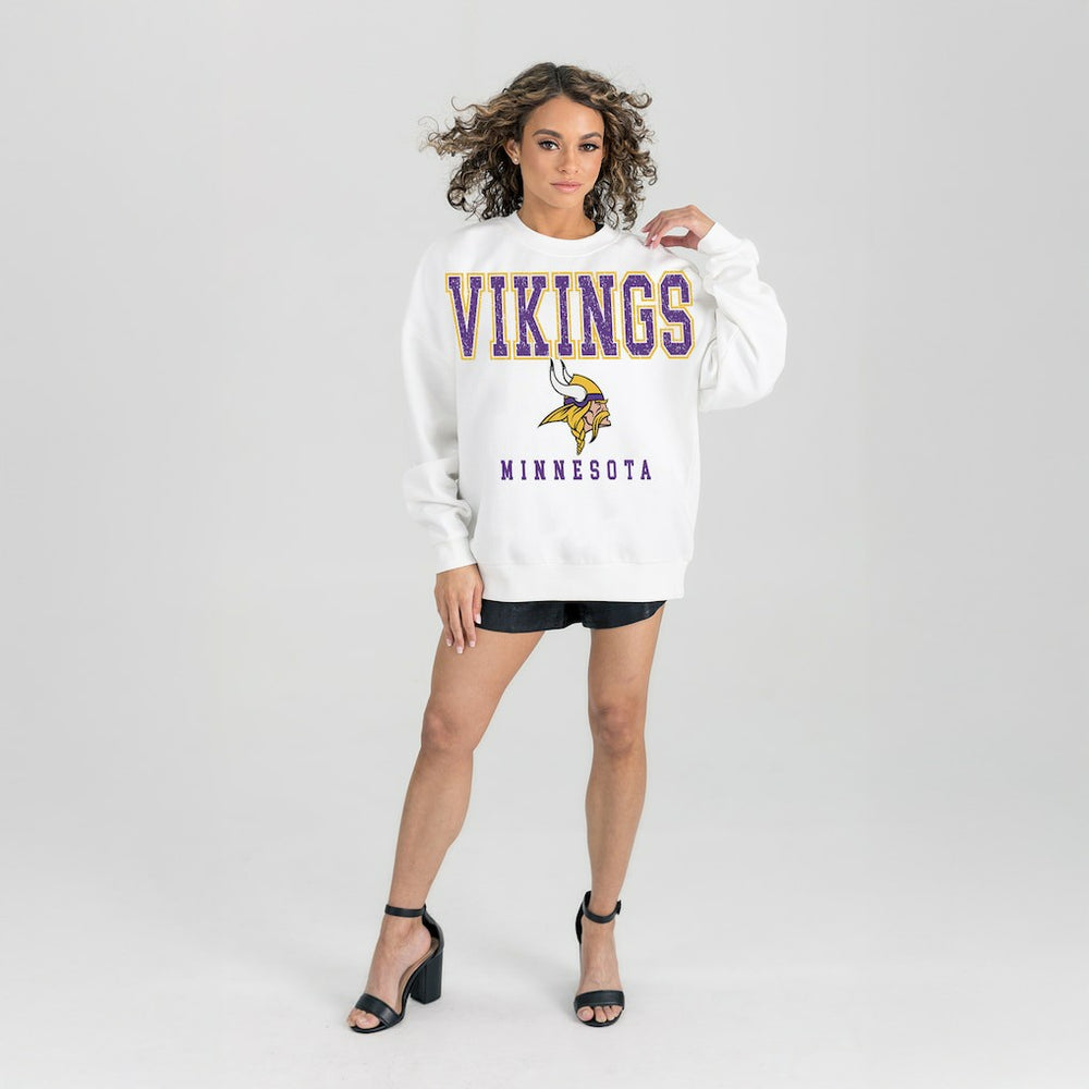 Minnesota Vikings Gameday Couture Women's Sunday Drives Oversized Crewneck Pullover Sweatshirt – White on sale