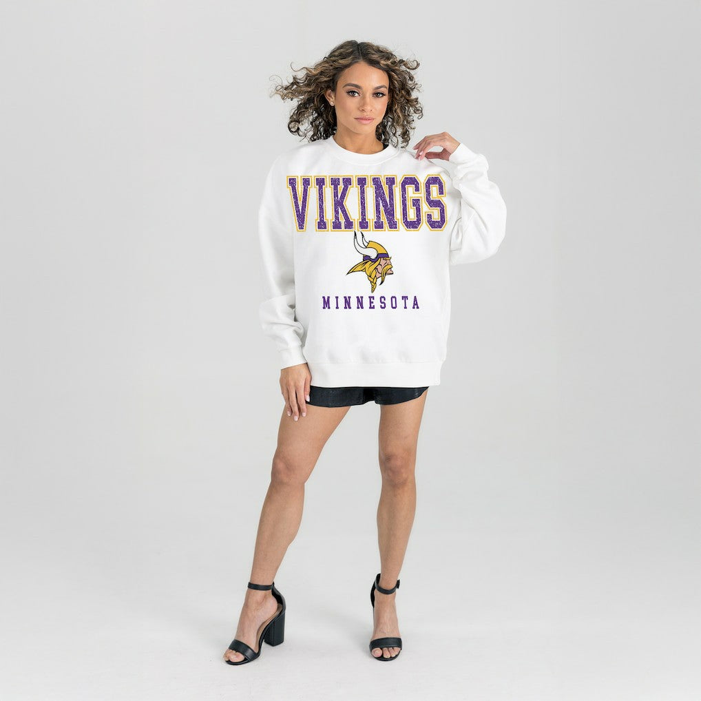 Minnesota Vikings Gameday Couture Women's Sunday Drives Oversized Crewneck Pullover Sweatshirt – White on sale