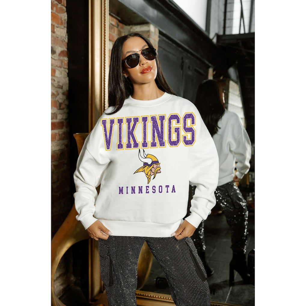 Minnesota Vikings Gameday Couture Women's Sunday Drives Oversized Crewneck Pullover Sweatshirt – White on sale