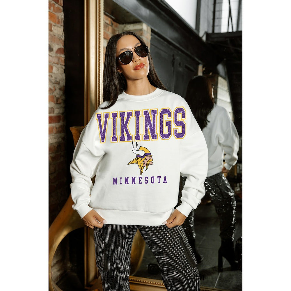 Minnesota Vikings Gameday Couture Women's Sunday Drives Oversized Crewneck Pullover Sweatshirt – White on sale