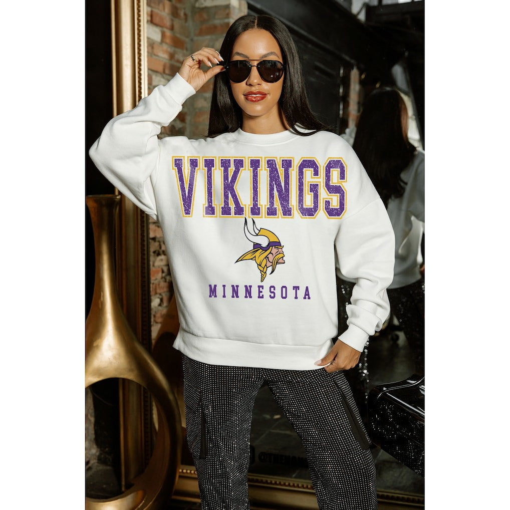 Minnesota Vikings Gameday Couture Women's Sunday Drives Oversized Crewneck Pullover Sweatshirt – White on sale