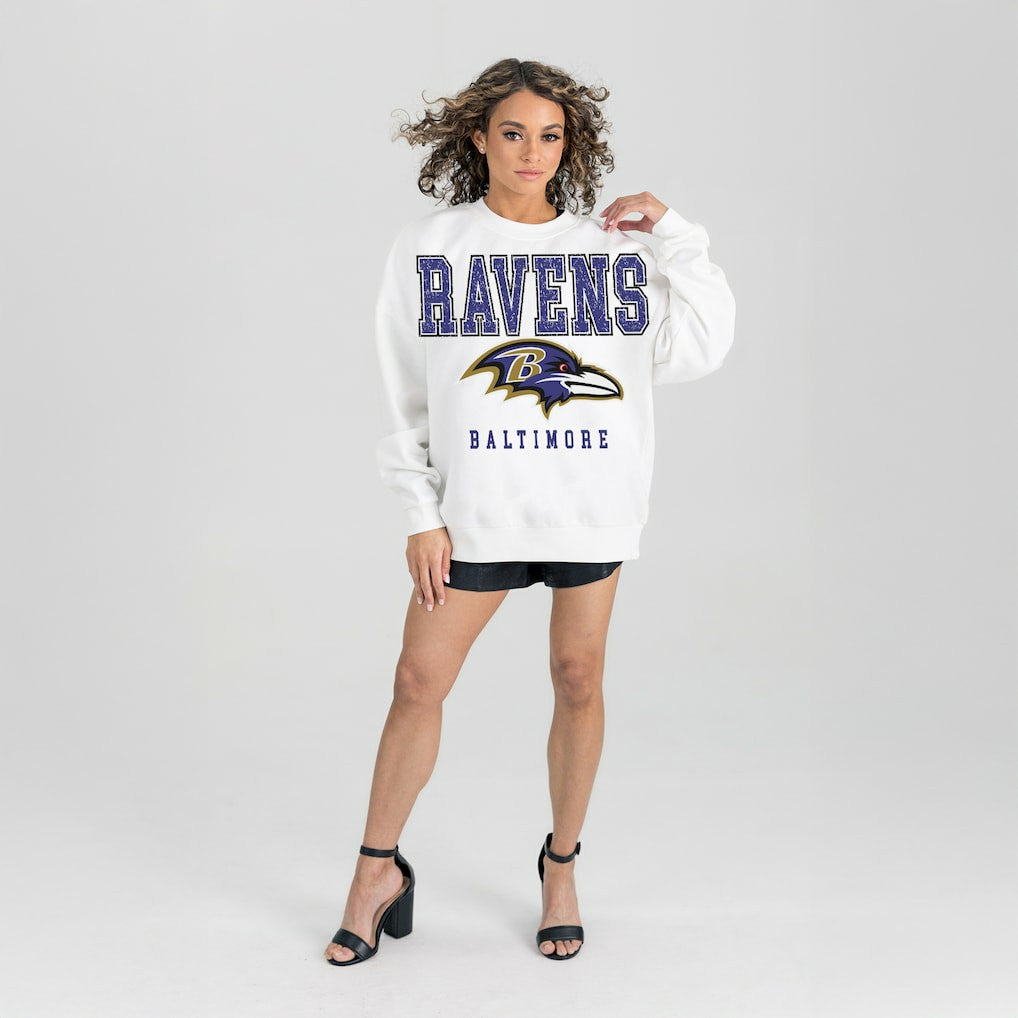 Baltimore Ravens Gameday Couture Women's Sunday Drives Oversized Crewneck Pullover Sweatshirt – White discount