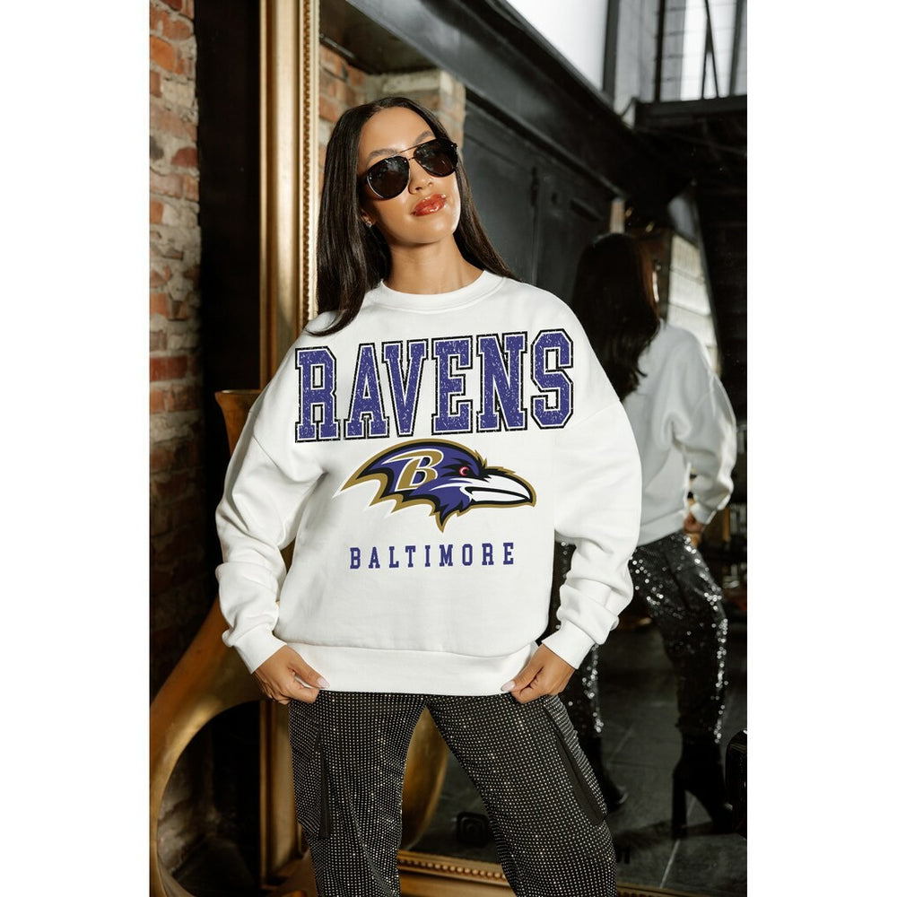 Baltimore Ravens Gameday Couture Women's Sunday Drives Oversized Crewneck Pullover Sweatshirt – White discount