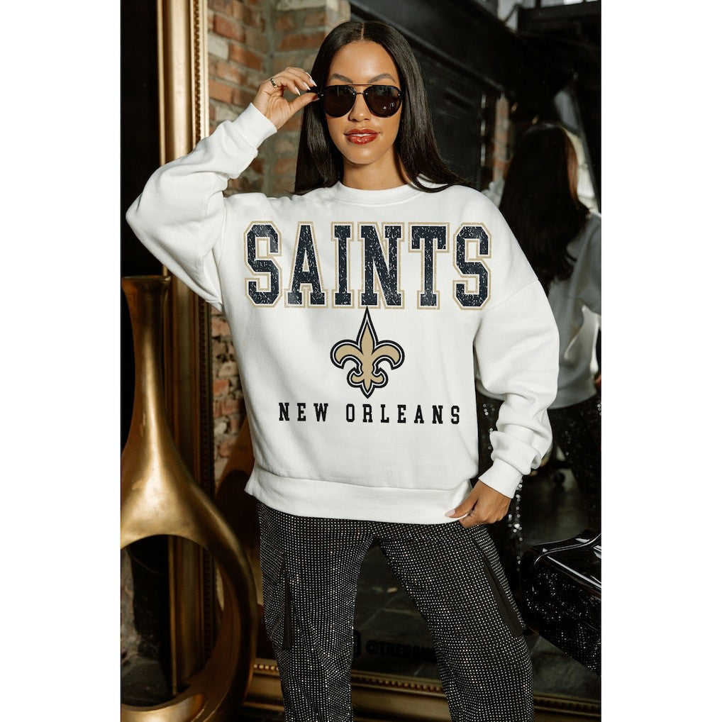 New Orleans Saints Gameday Couture Women's Sunday Drives Oversized Crewneck Pullover Sweatshirt – White for sale