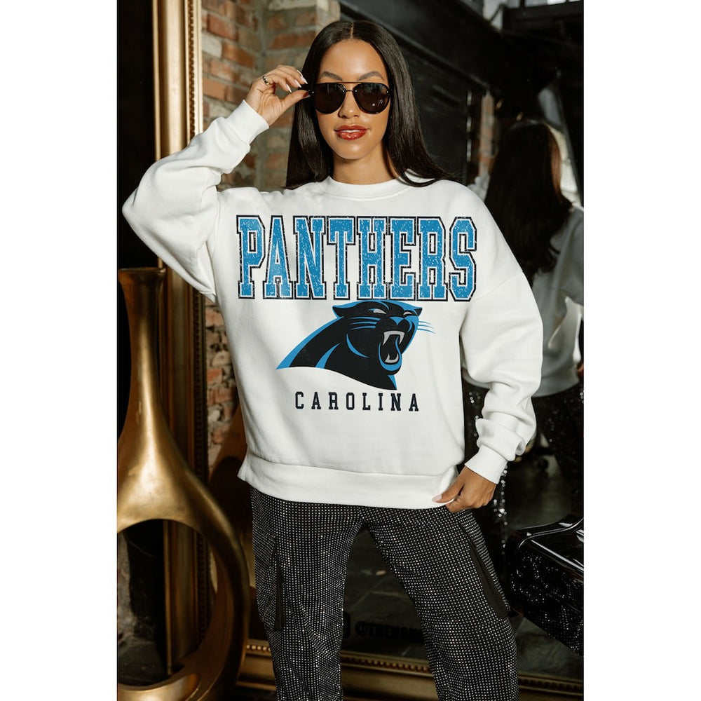 Carolina Panthers Gameday Couture Women's Sunday Drives Oversized Crewneck Pullover Sweatshirt – White on sale