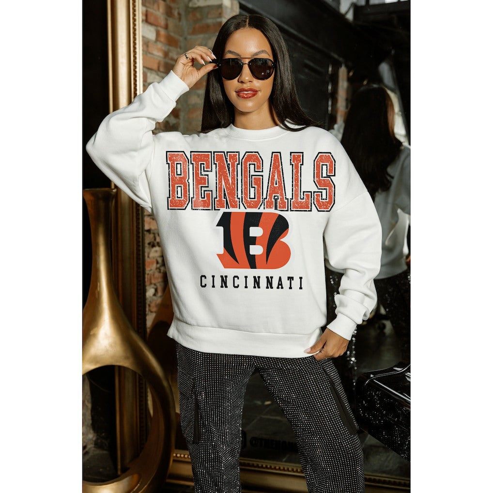 Cincinnati Bengals Gameday Couture Women's Sunday Drives Oversized Crewneck Pullover Sweatshirt – White discount