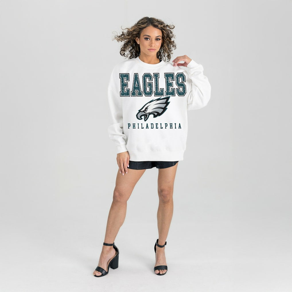 Philadelphia Eagles Gameday Couture Women's Sunday Drives Oversized Crewneck Pullover Sweatshirt – White on sale