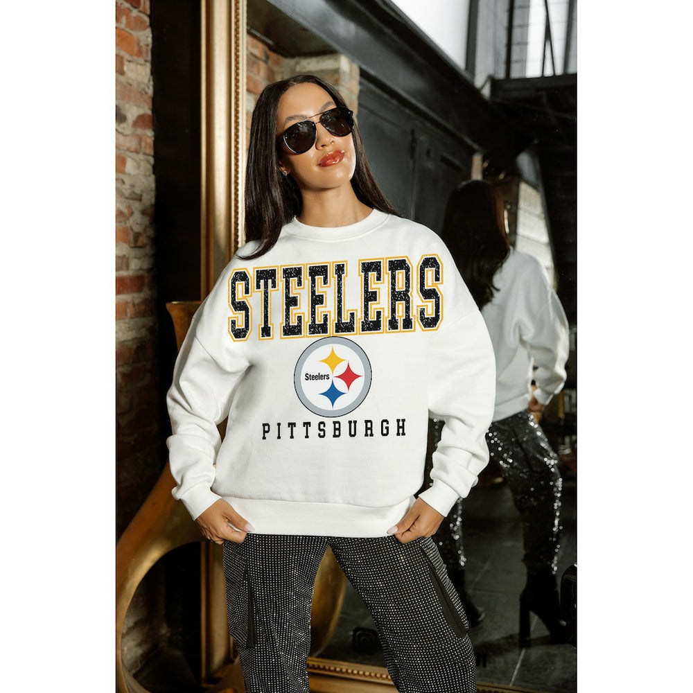 Pittsburgh Steelers Gameday Couture Women's Sunday Drives Oversized Crewneck Pullover Sweatshirt – White for sale