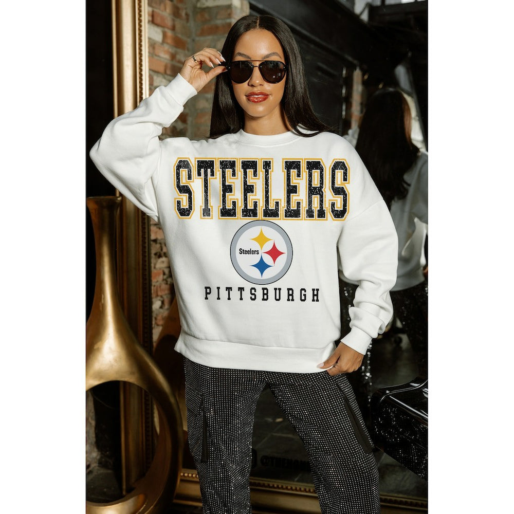 Pittsburgh Steelers Gameday Couture Women's Sunday Drives Oversized Crewneck Pullover Sweatshirt – White for sale