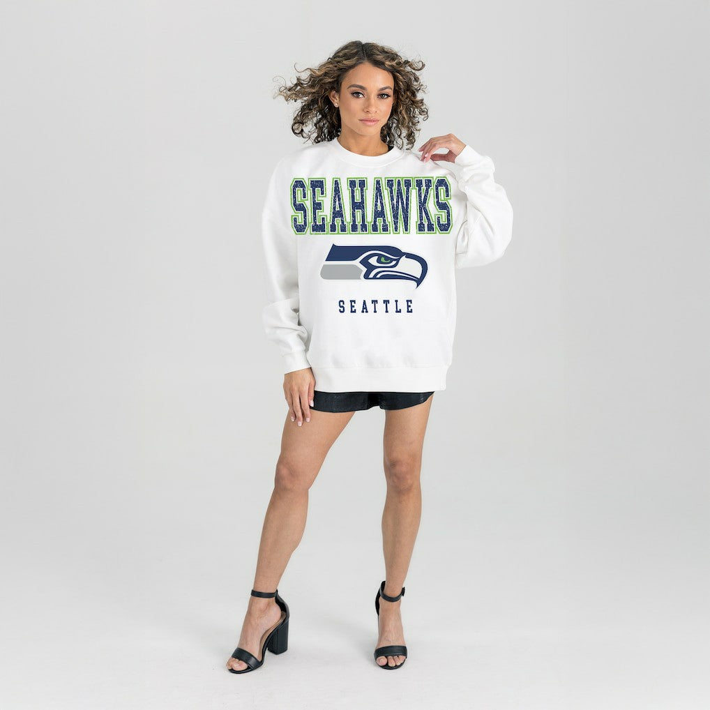 Seattle Seahawks Gameday Couture Women's Sunday Drives Oversized Crewneck Pullover Sweatshirt – White outlet