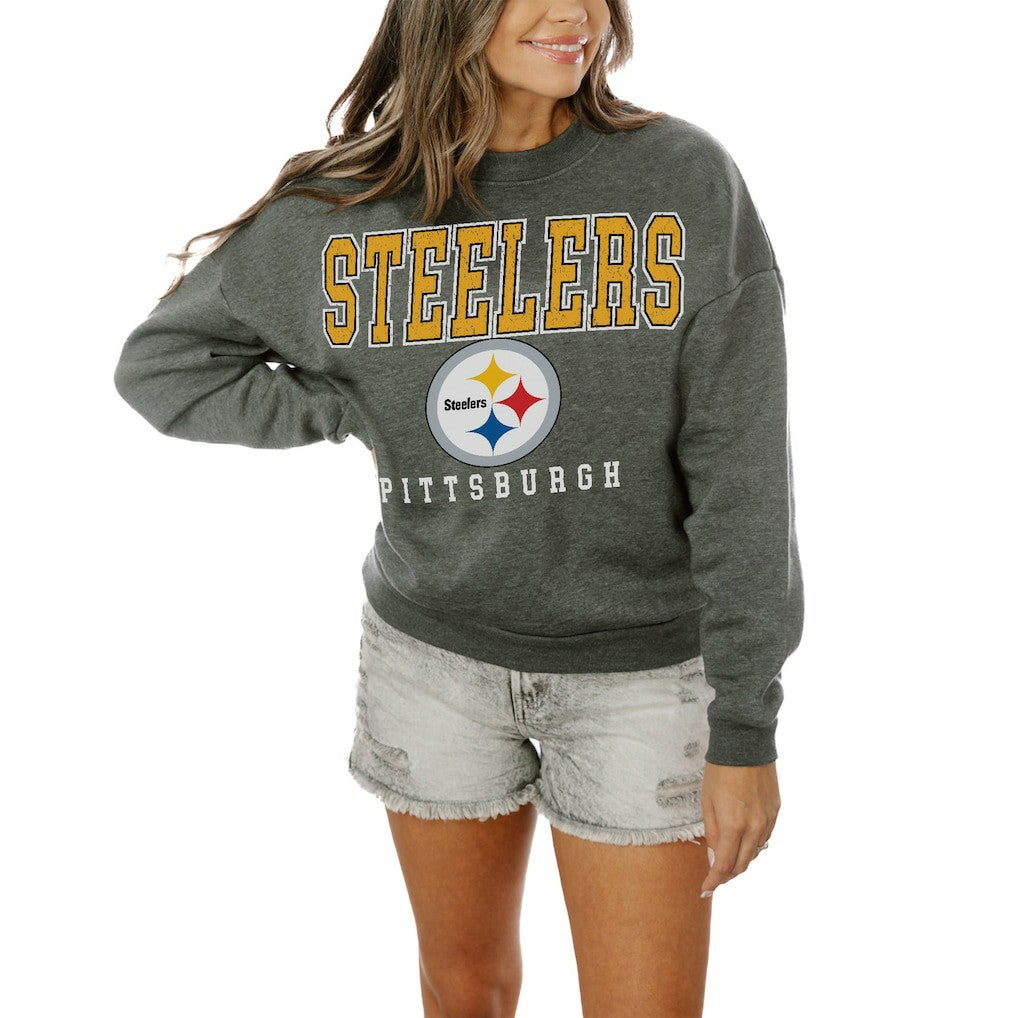 Pittsburgh Steelers Gameday Couture Women's Oversized Bring The Energy Pullover Sweatshirt – Charcoal cheap