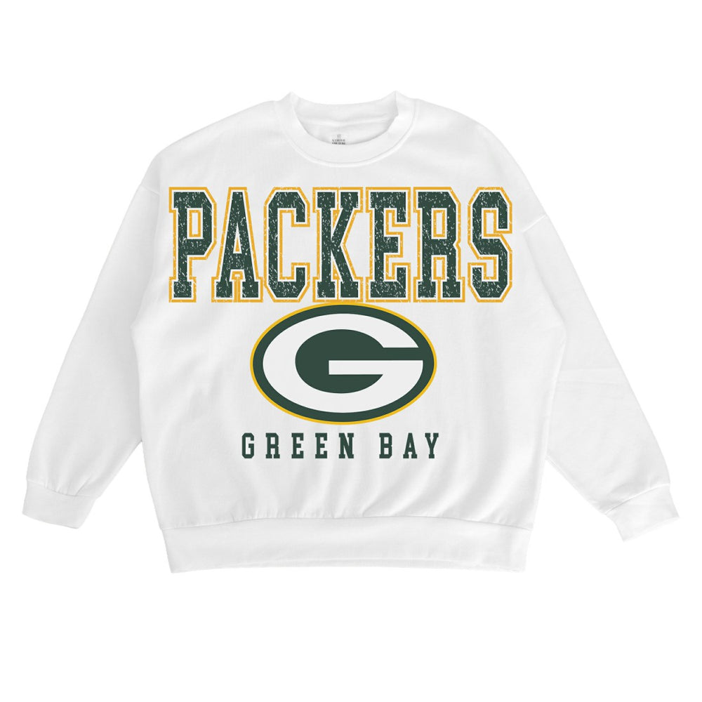Green Bay Packers Gameday Couture Women's Sunday Drives Oversized Crewneck Pullover Sweatshirt – White for sale