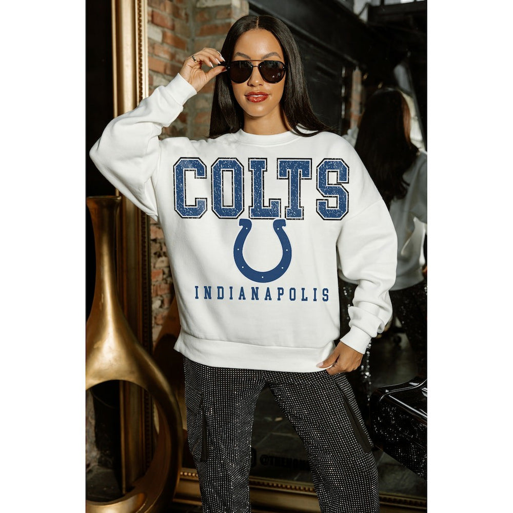 Indianapolis Colts Gameday Couture Women's Sunday Drives Oversized Crewneck Pullover Sweatshirt – White for sale