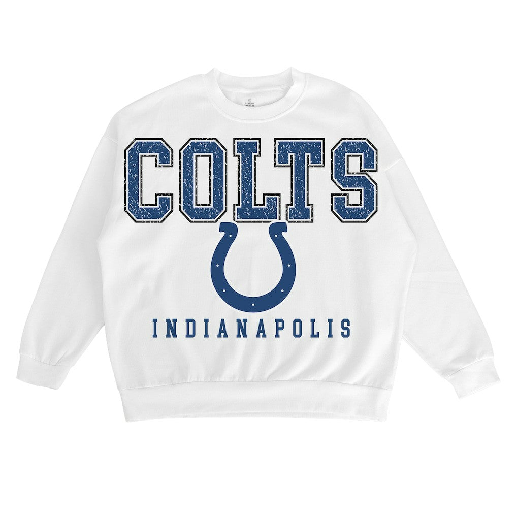 Indianapolis Colts Gameday Couture Women's Sunday Drives Oversized Crewneck Pullover Sweatshirt – White for sale
