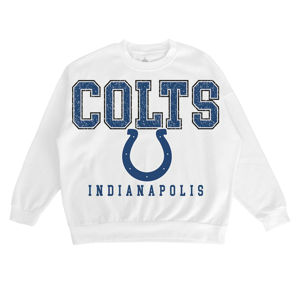 Indianapolis Colts Gameday Couture Women's Sunday Drives Oversized Crewneck Pullover Sweatshirt – White for sale