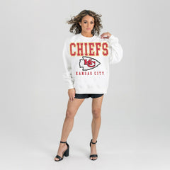 Kansas City Chiefs Gameday Couture Women's Sunday Drives Oversized Crewneck Pullover Sweatshirt – White on sale