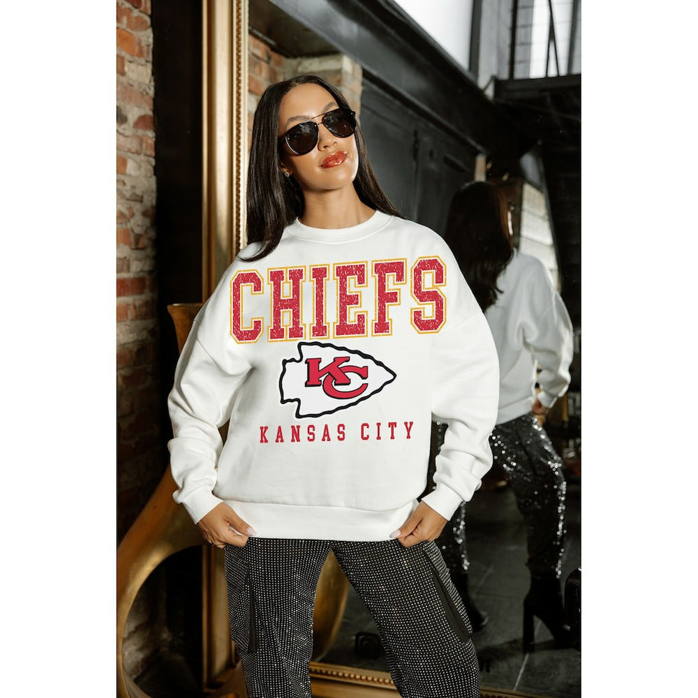 Kansas City Chiefs Gameday Couture Women's Sunday Drives Oversized Crewneck Pullover Sweatshirt – White on sale
