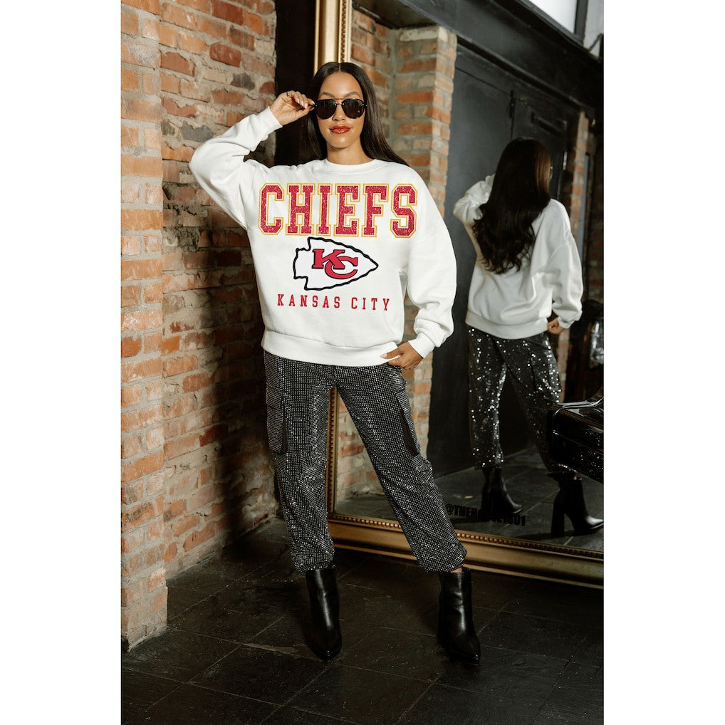 Kansas City Chiefs Gameday Couture Women's Sunday Drives Oversized Crewneck Pullover Sweatshirt – White on sale