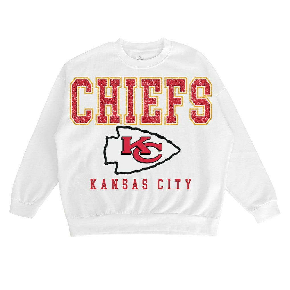 Kansas City Chiefs Gameday Couture Women's Sunday Drives Oversized Crewneck Pullover Sweatshirt – White on sale