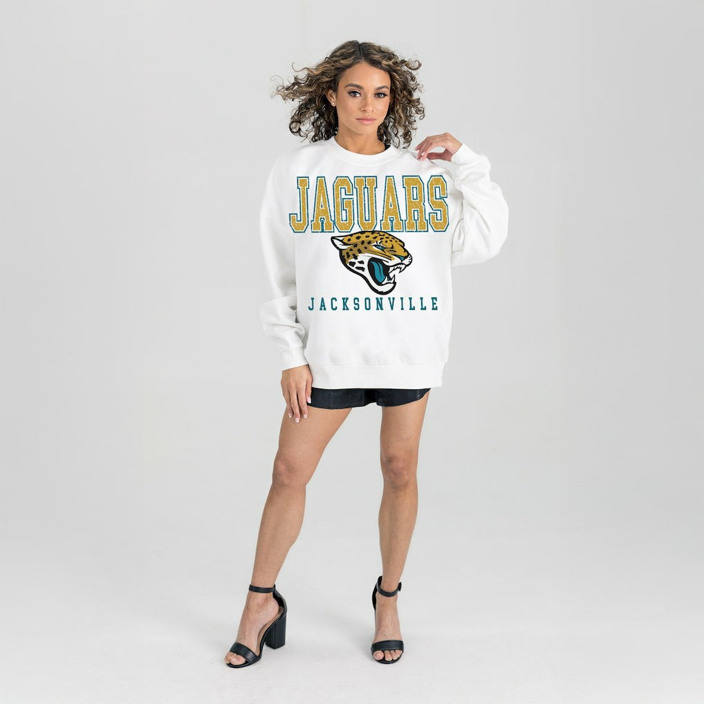 Jacksonville Jaguars Gameday Couture Women's Sunday Drives Oversized Crewneck Pullover Sweatshirt – White outlet