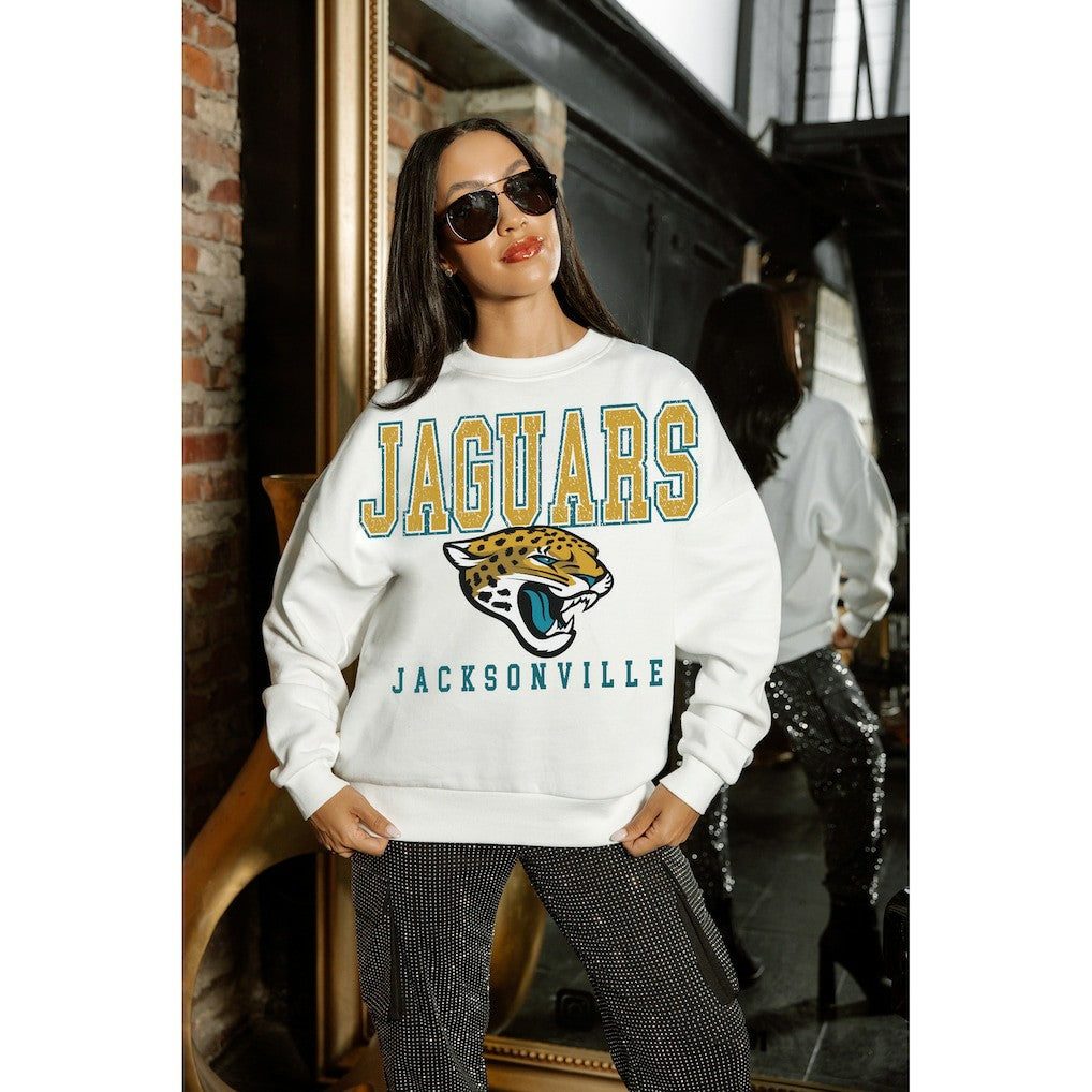 Jacksonville Jaguars Gameday Couture Women's Sunday Drives Oversized Crewneck Pullover Sweatshirt – White outlet