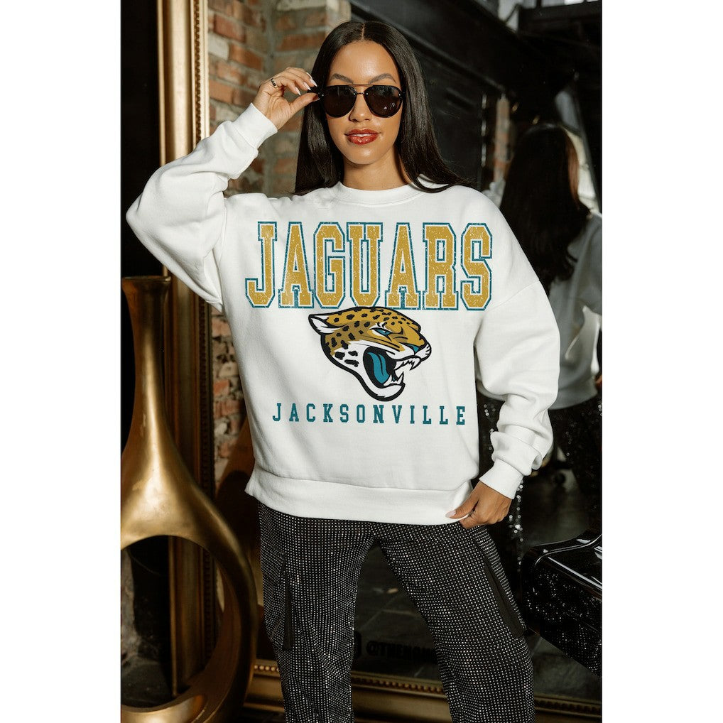 Jacksonville Jaguars Gameday Couture Women's Sunday Drives Oversized Crewneck Pullover Sweatshirt – White outlet