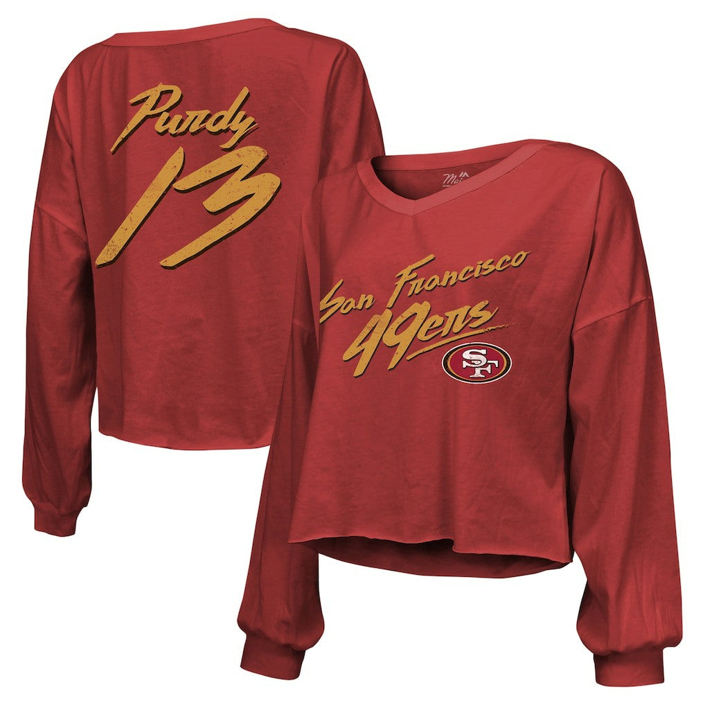 Brock Purdy San Francisco 49ers Majestic Threads Women's Name & Number Off-Shoulder Script Cropped Long Sleeve Relaxed V-Neck T-Shirt - Scarlet outlet