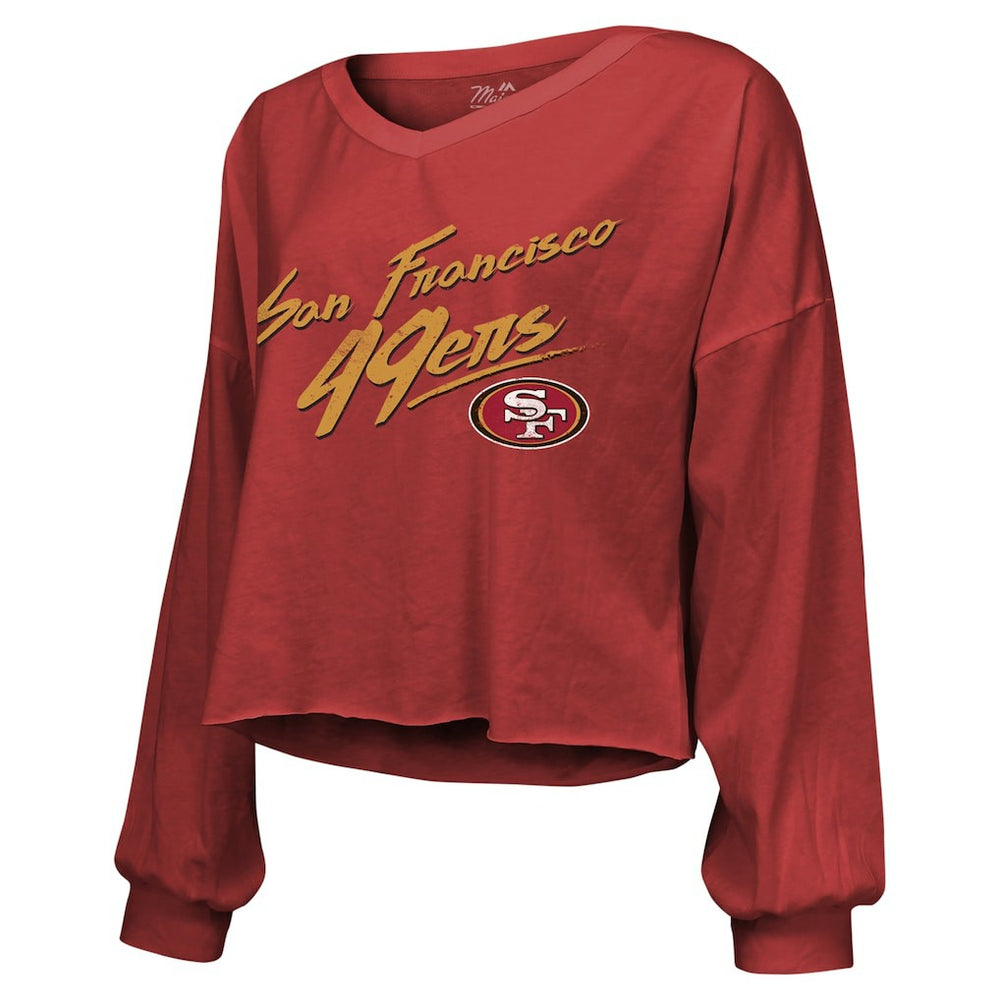 Brock Purdy San Francisco 49ers Majestic Threads Women's Name & Number Off-Shoulder Script Cropped Long Sleeve Relaxed V-Neck T-Shirt - Scarlet outlet