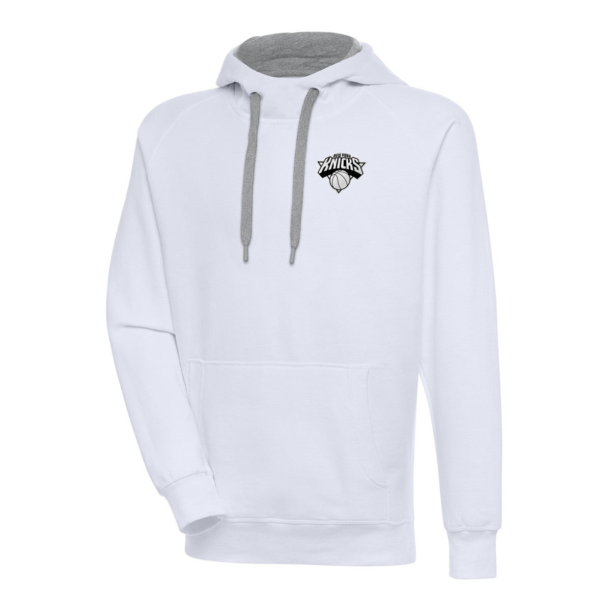 New York Knicks Antigua Metallic Logo Victory Raglan Pullover Hoodie - White for sale