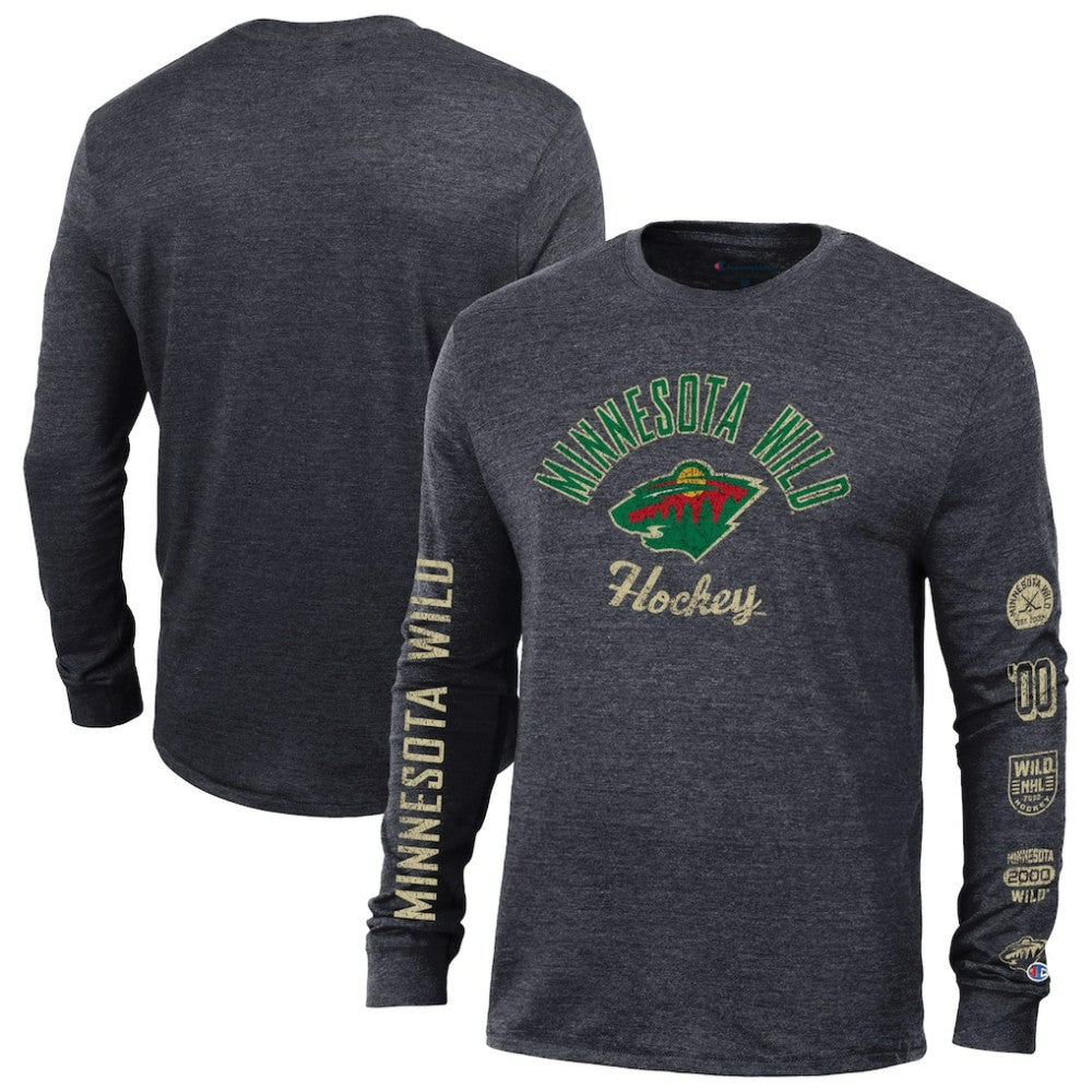 Minnesota Wild Champion Multi-Logo Tri-Blend Long Sleeve T-Shirt Heather Black