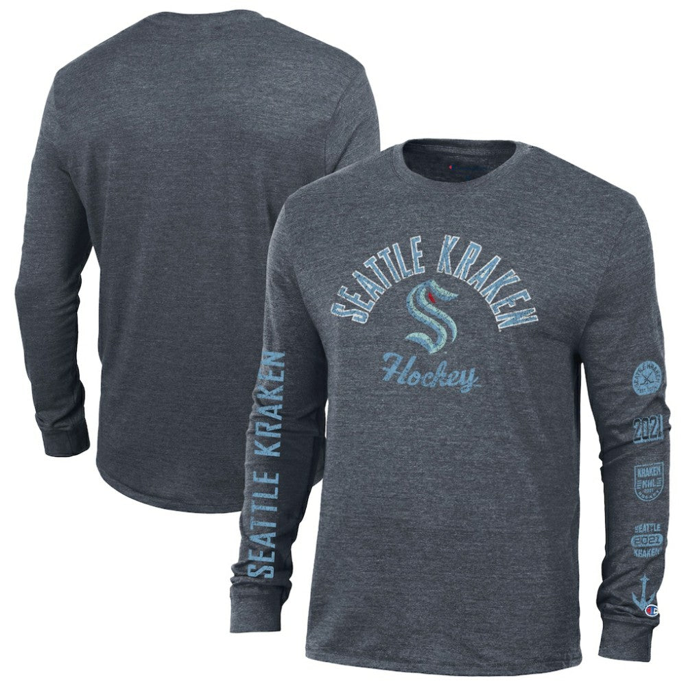 Seattle Kraken Champion Multi-Logo Tri-Blend Long Sleeve T-Shirt Heather Navy
