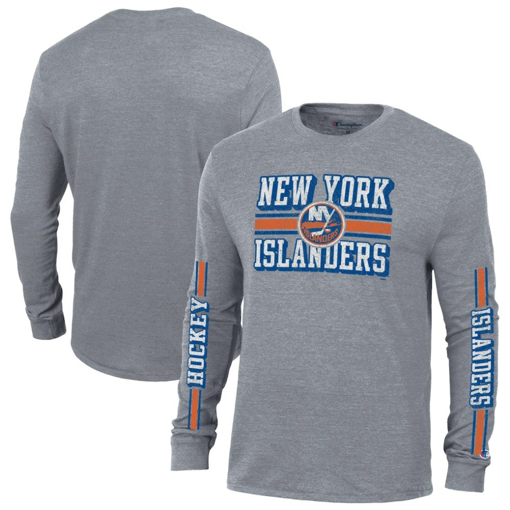 New York Islanders Champion Tri-Blend Dual-Stripe Long Sleeve T-Shirt Heather Gray
