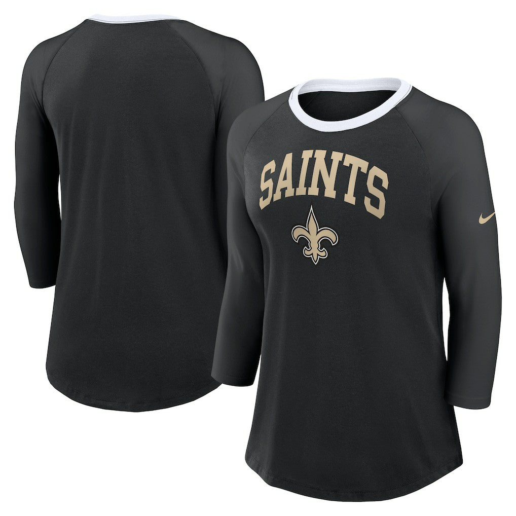 New Orleans Saints Women's 3/4 Sleeve Raglan Fashion Top - Black | Nike online