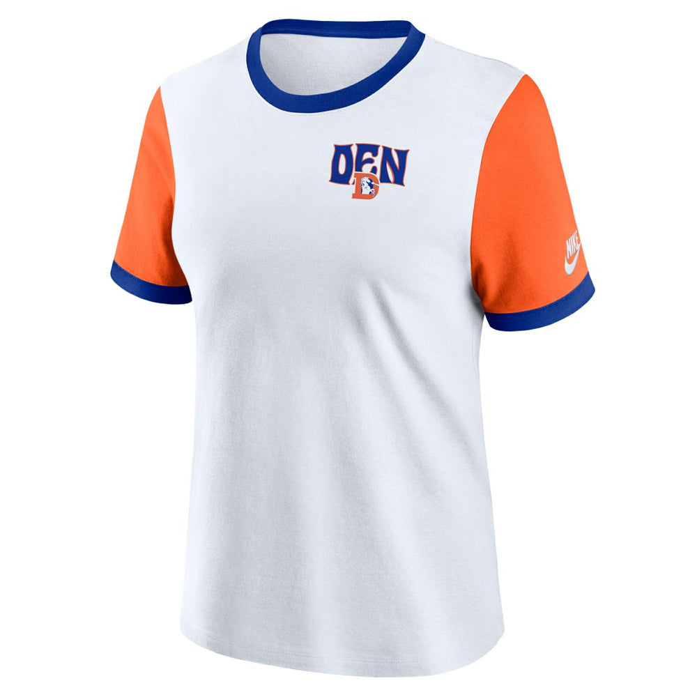 Denver Broncos Women's Rewind Ringer T-Shirt - White/Orange | Nike for sale