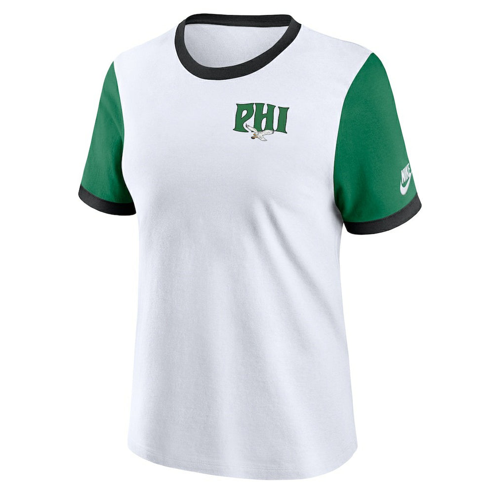 Philadelphia Eagles Women's Rewind Ringer T-Shirt - White/Kelly Green | Nike on sale