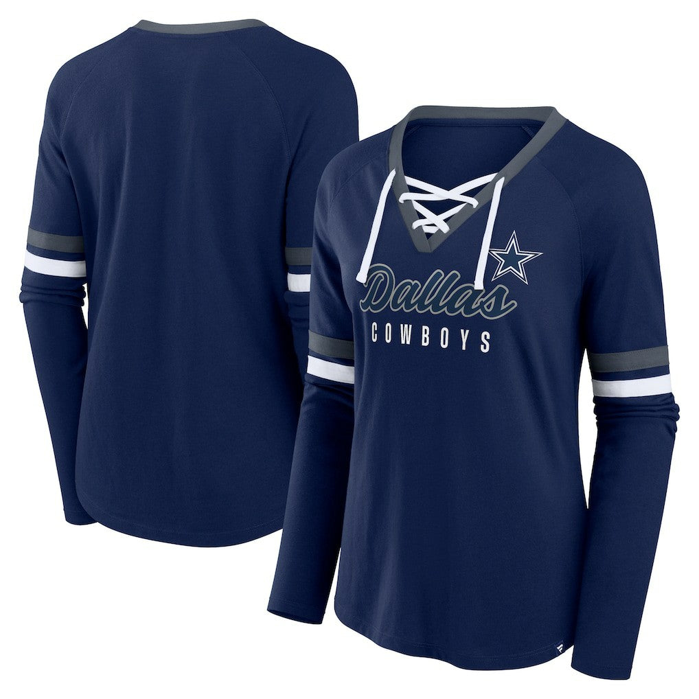 Dallas Cowboys Women's Won and Done Lace-Up Long Sleeve Fashion Top - Navy sale