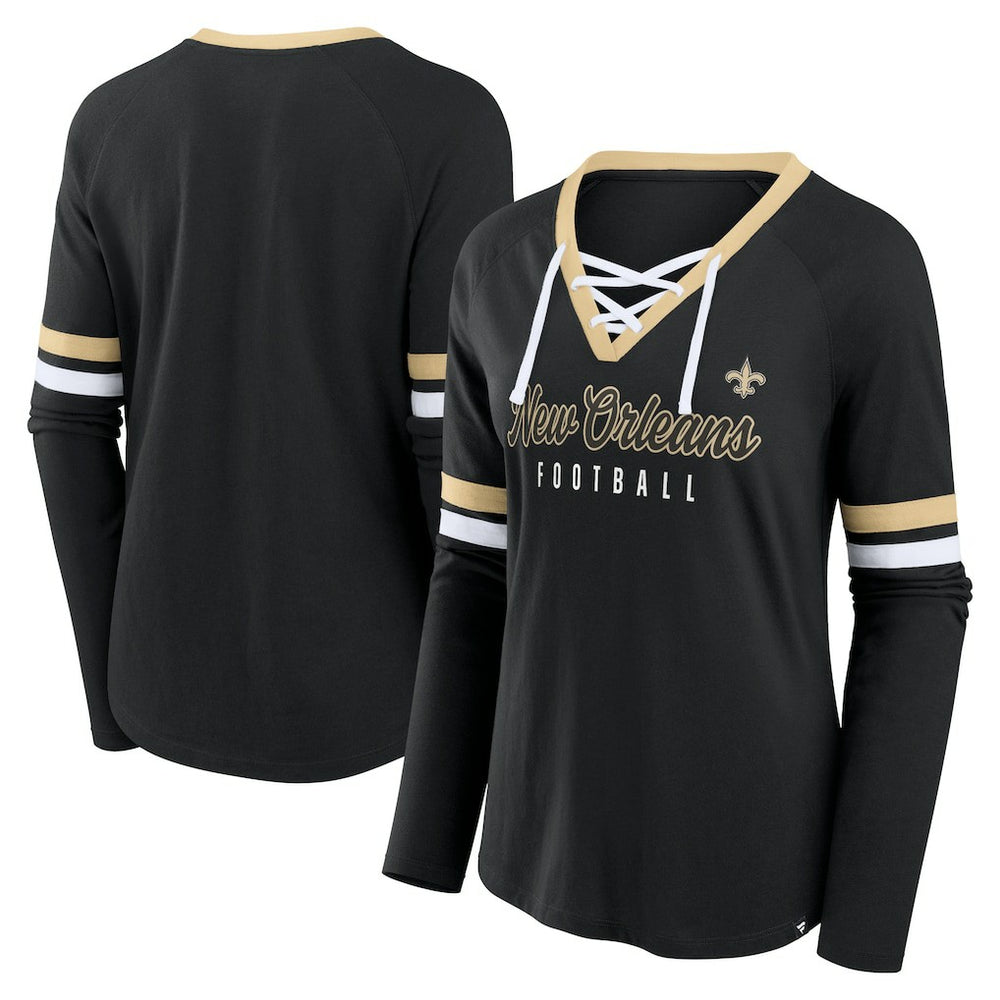 New Orleans Saints Women's Won and Done Lace-Up Long Sleeve Fashion Top - Black on sale