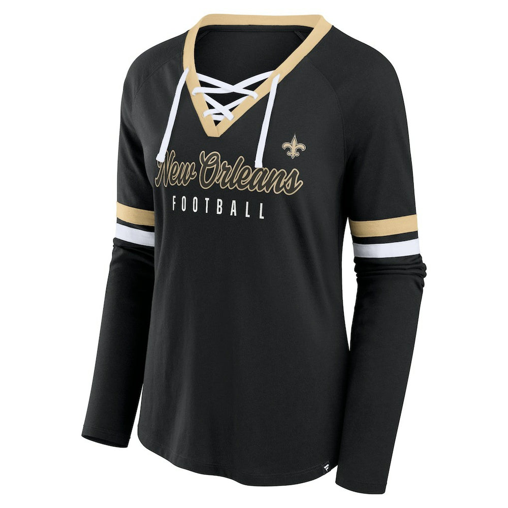 New Orleans Saints Women's Won and Done Lace-Up Long Sleeve Fashion Top - Black on sale