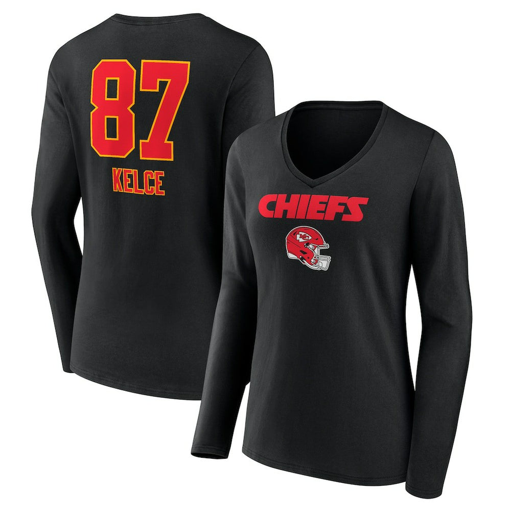 Travis Kelce Kansas City Chiefs Women's Team Wordmark Player Name & Number Long Sleeve V-Neck T-Shirt - Black discount
