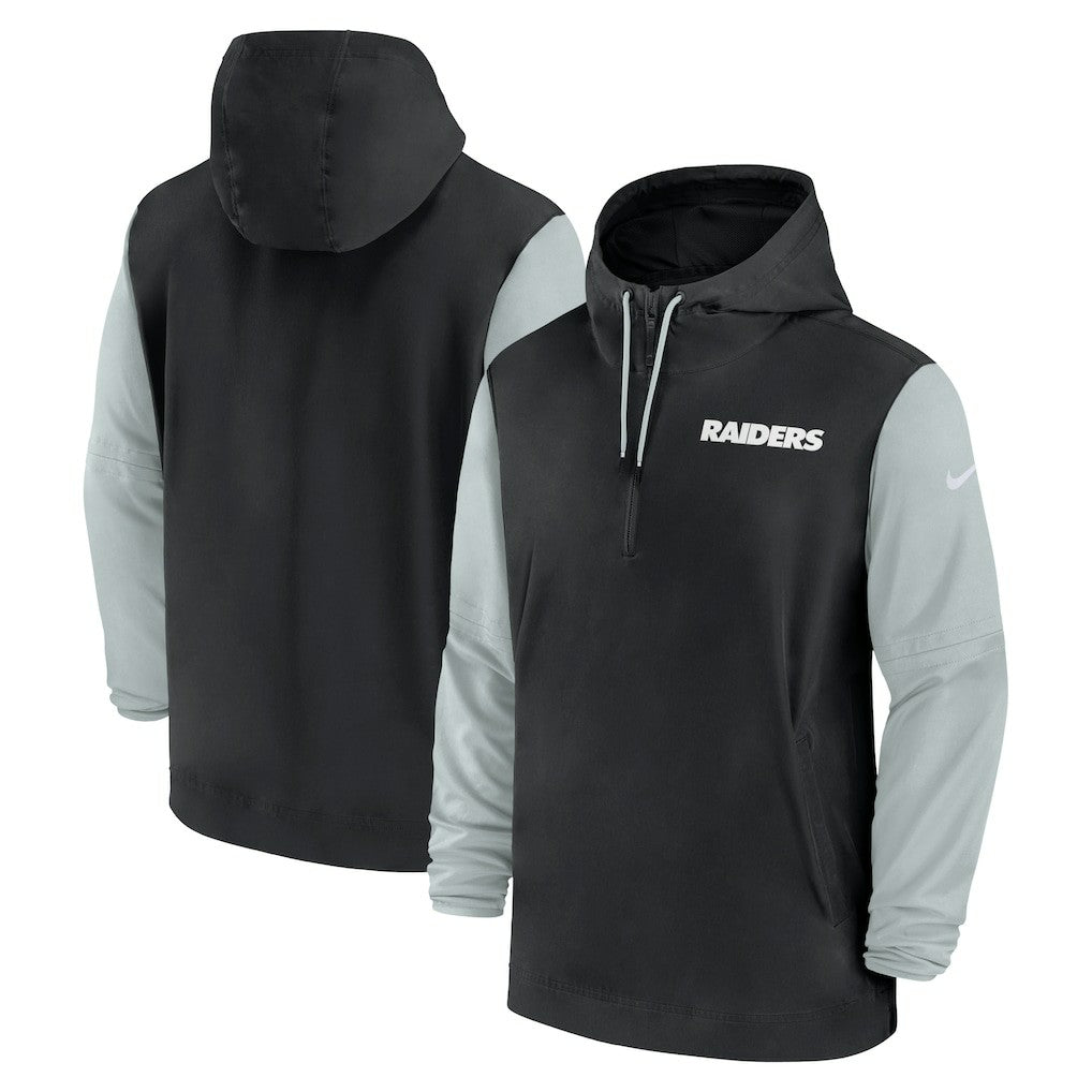 Las Vegas Raiders 2024/25 Sideline Pre-Game Player 1/2-Zip Hoodie Jacket - Black/Silver | Nike on sale
