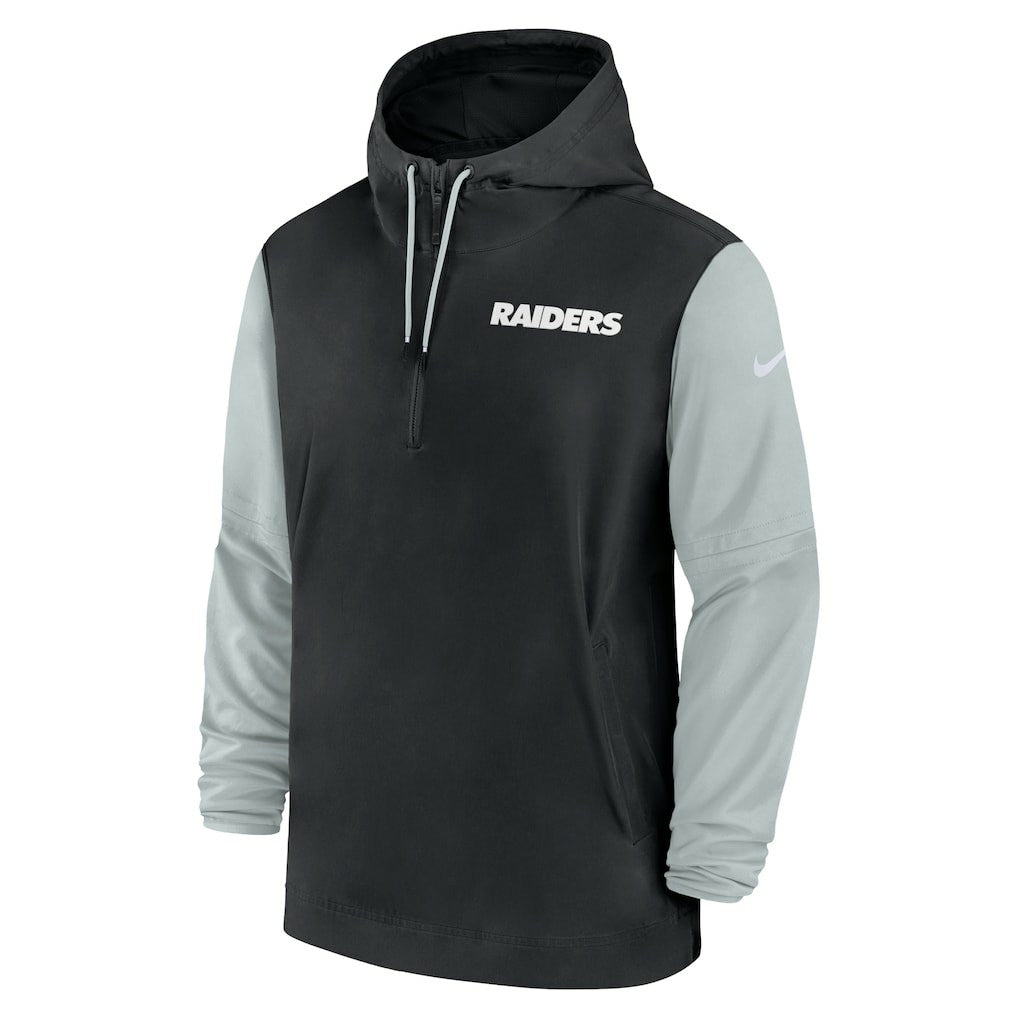 Las Vegas Raiders 2024/25 Sideline Pre-Game Player 1/2-Zip Hoodie Jacket - Black/Silver | Nike on sale