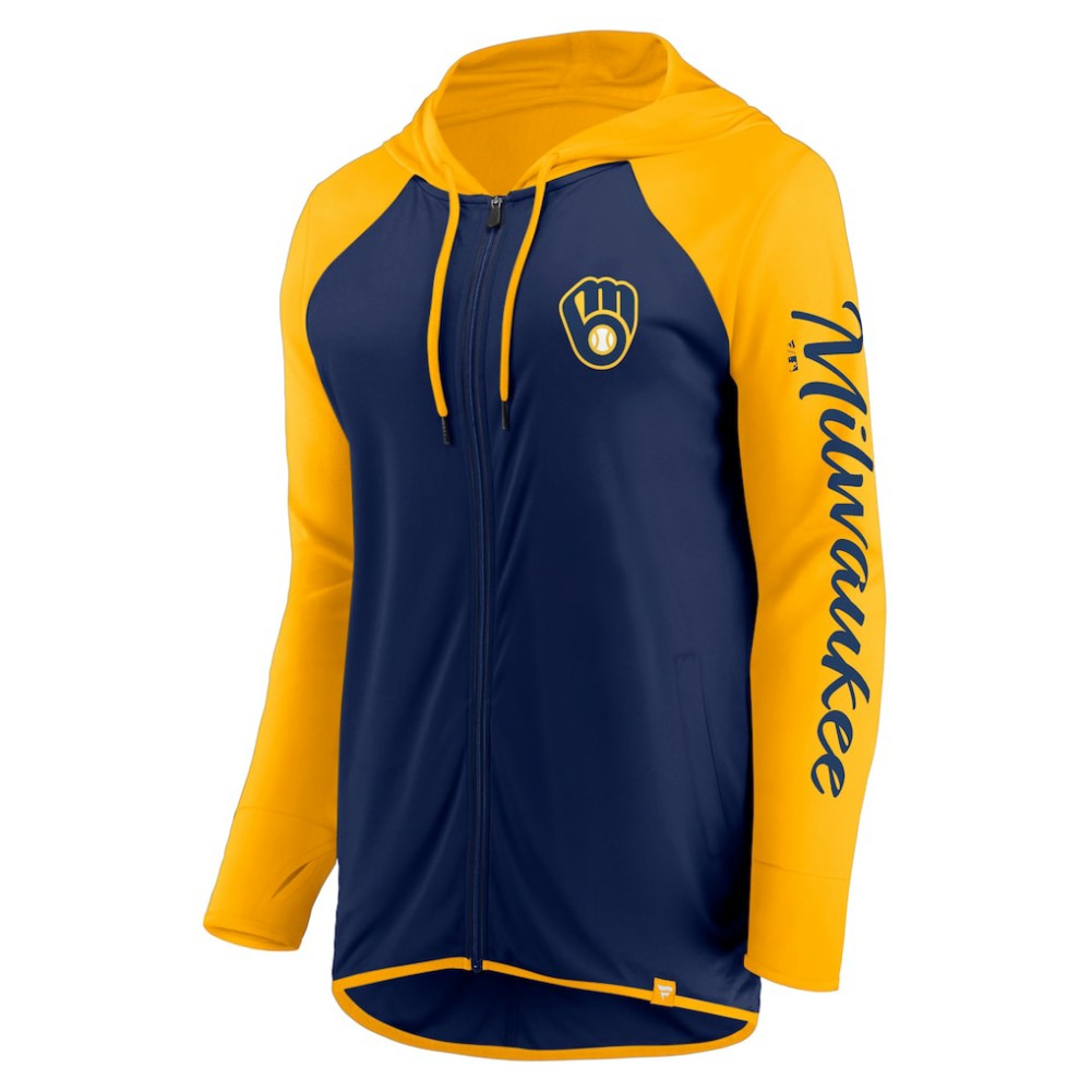 Milwaukee Brewers Women's Script Sleeve Full-Zip Hoodie - Navy/Gold